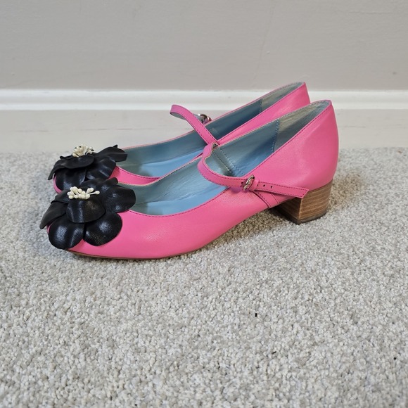 Frances Valentine Pink Mary Jane‎ Block Heel Shoes Size 7B Flower Embellished - Picture 1 of 8